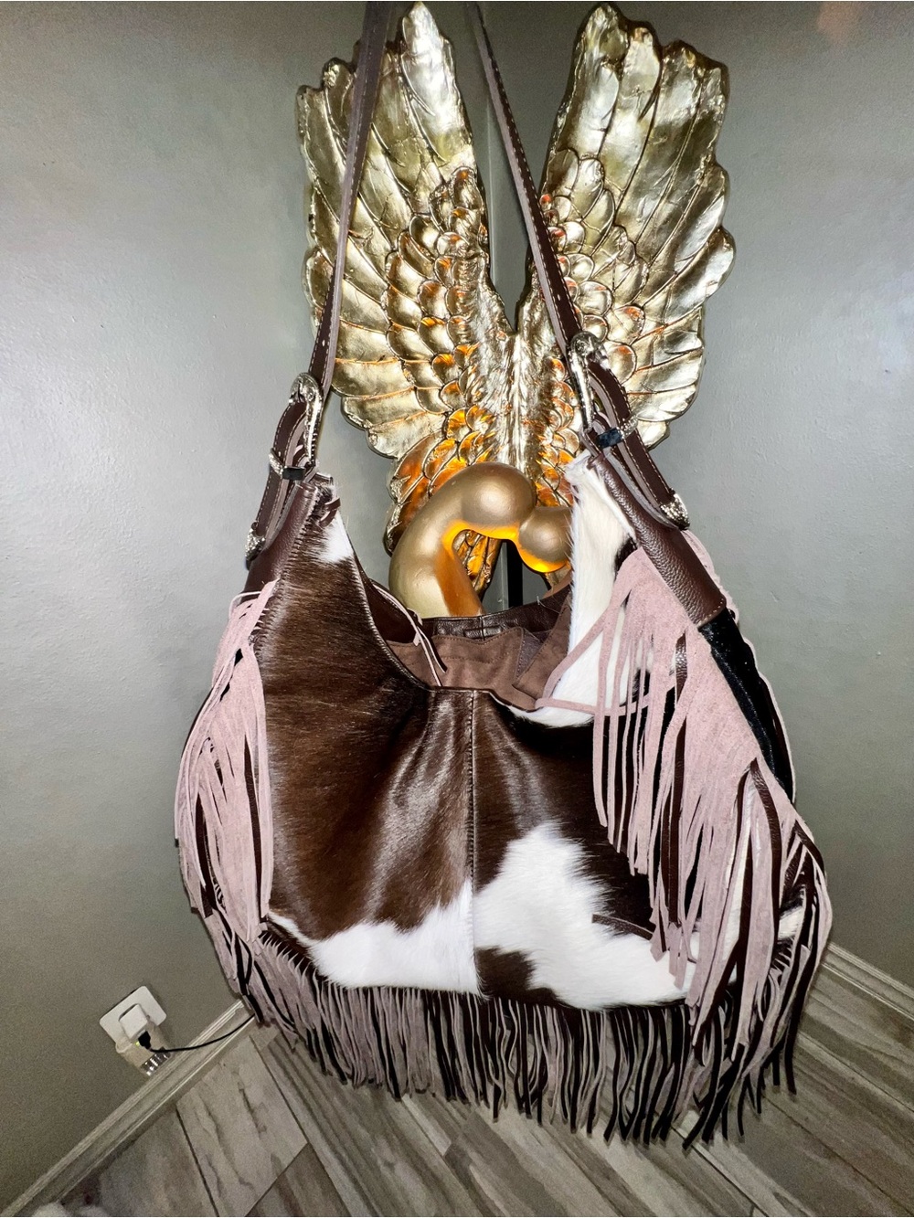 PERRITA Brown Cowhide Leather Bag - Luxury Fringed Dog Carrier / Travel Hobo
